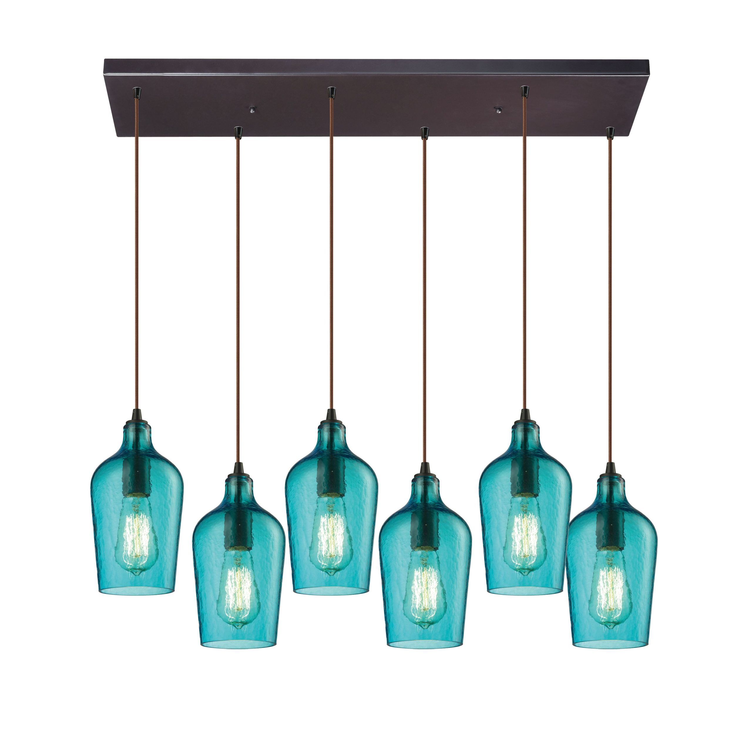 ELK SHOWROOM 10331/6RC-HAQ Hammered Glass 30” Wide 6-Light Pendant – Oil Rubbed Bronze with Aqua