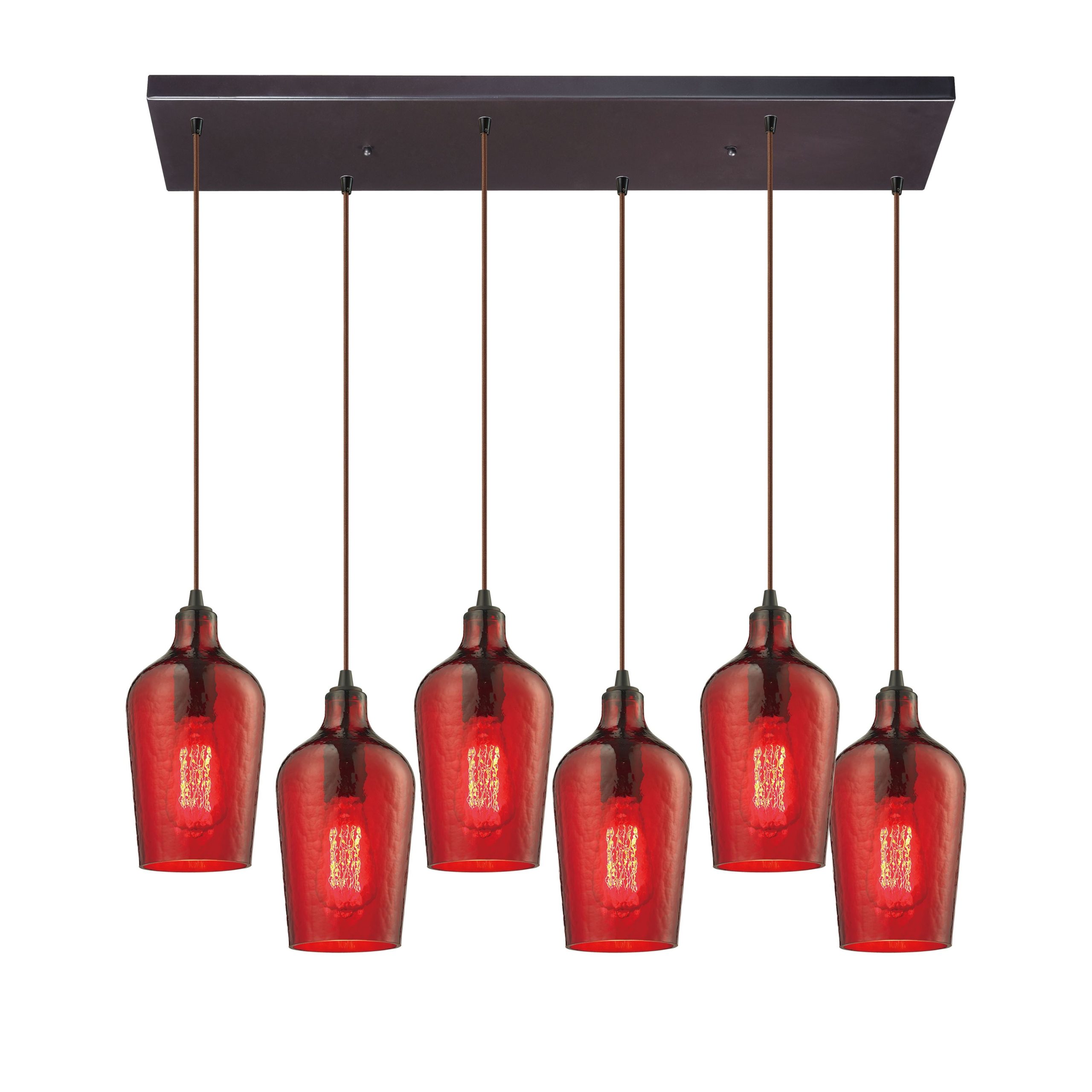 ELK SHOWROOM 10331/6RC-HRD Hammered Glass 30” Wide 6-Light Pendant – Oil Rubbed Bronze with Red