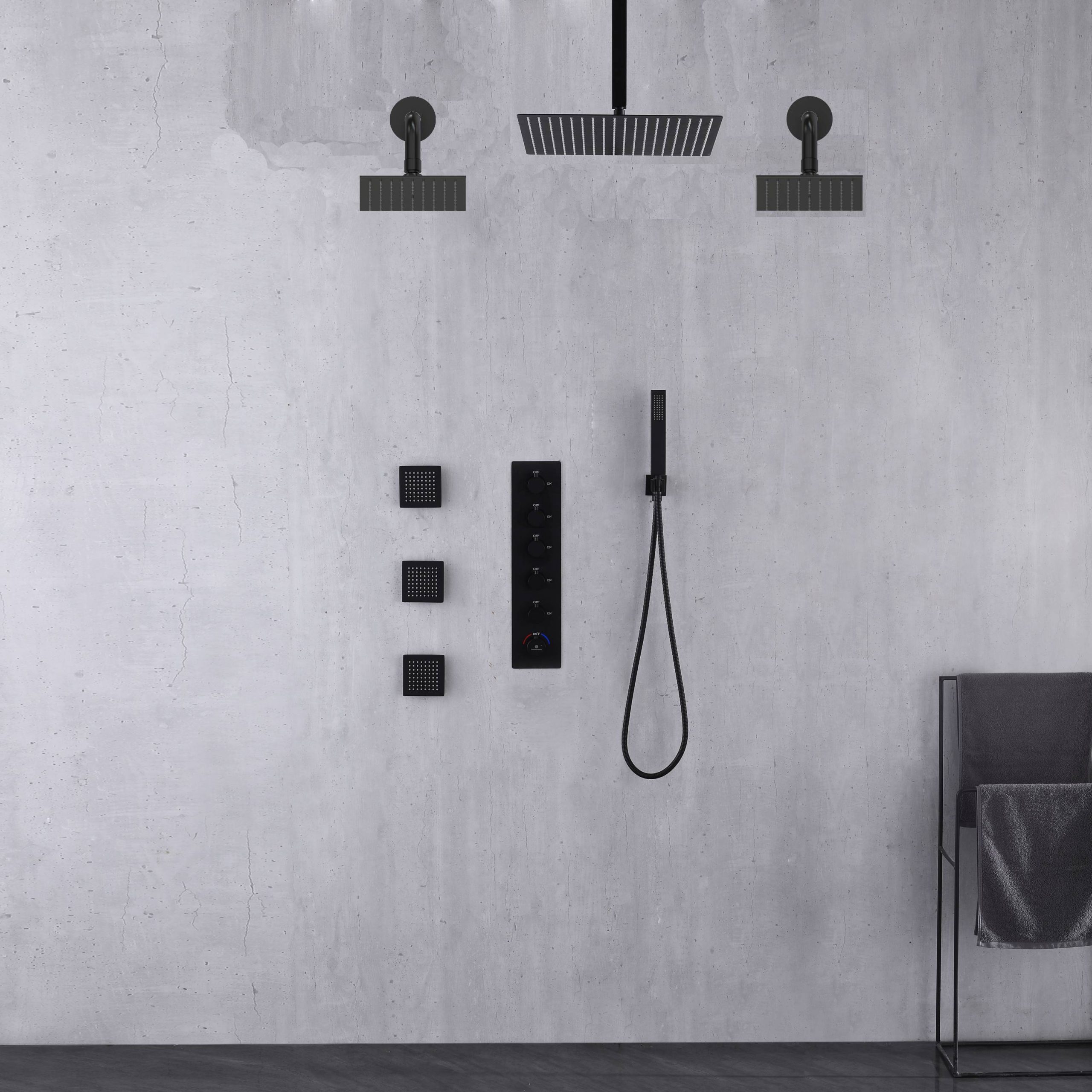 Matte Black Rainfall Shower System: 12″ or 16″ with 5-Way Thermostatic Valve, Body Jets