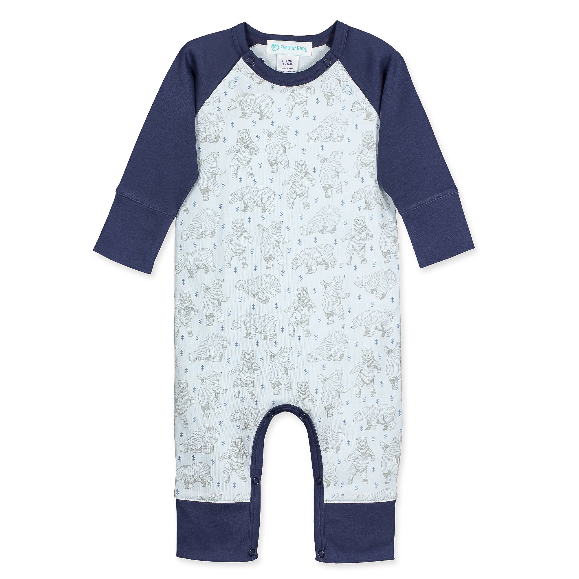 Sailor-sleeve Long Romper – Dancing Bears On Baby Blue  100% Pima Cotton