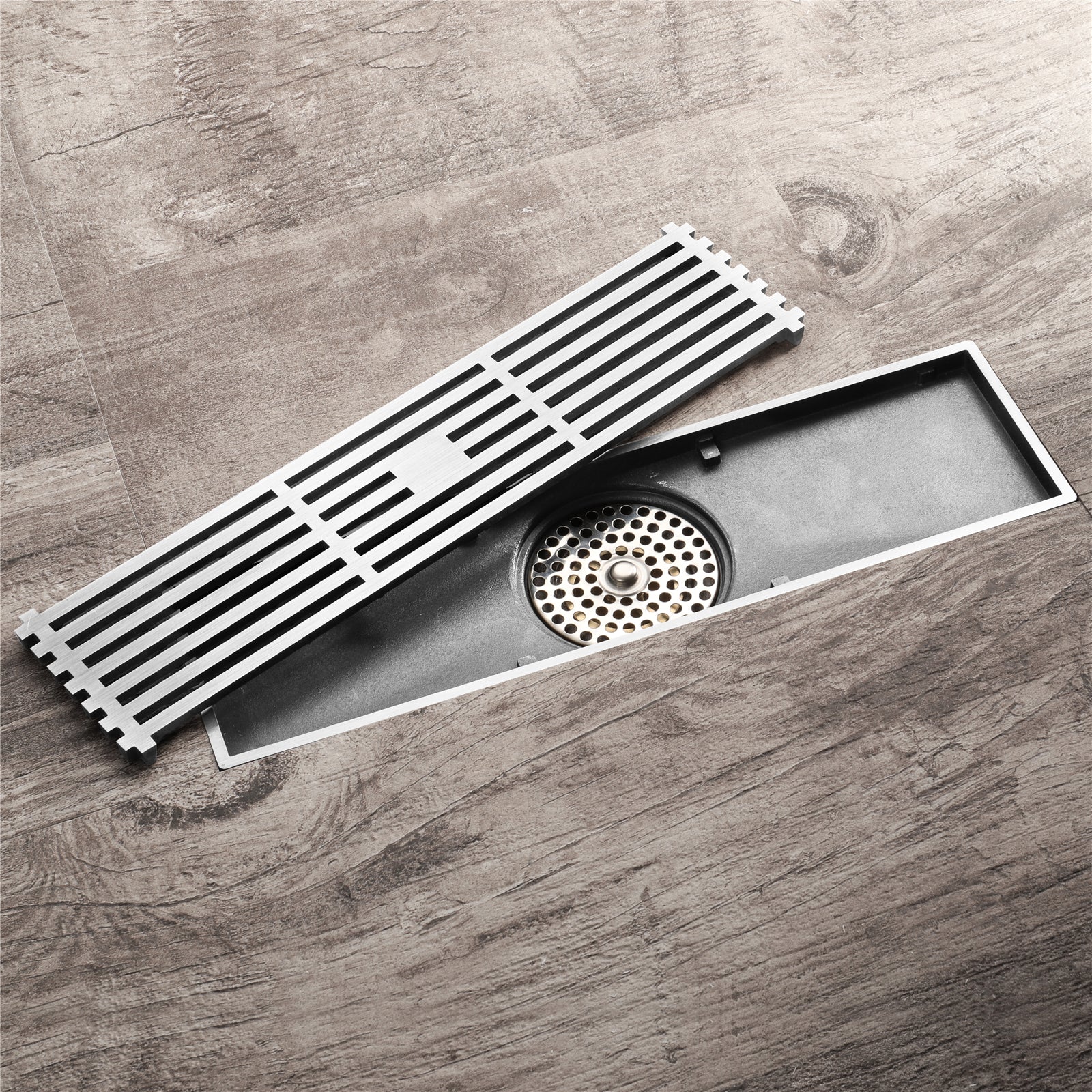 12-Inch Brushed Nickel Rectangular Floor Drain – Square Hole Pattern Cover Grate – Removable – Includes Accessories