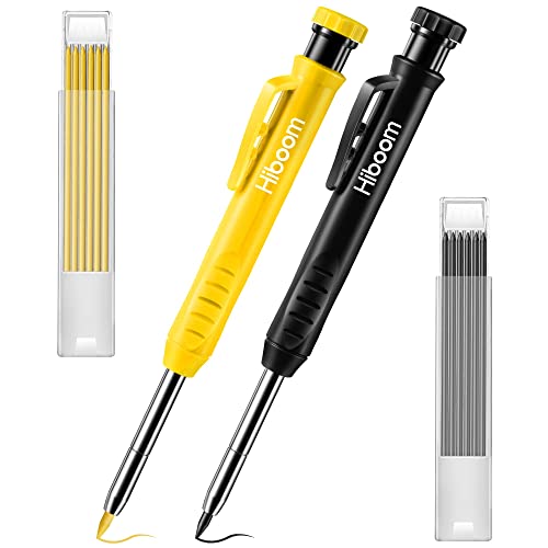 Hiboom 2 Pack Solid Carpenter Pencil with 14 Refill, Long Nosed Deep Hole Mechanical Marker Built-in Sharpener for Woodworking Architect Fathers Day