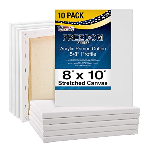 U.S. Art Supply 8 x 10 inch Stretched Canvas Super Value 10-Pack – Triple Primed Professional Artist Quality White Blank 5/8″ Profile, 100% Cotton,