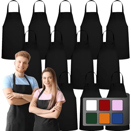 GREEN LIFESTYLE 12 Pack Bib Apron – Unisex Black Aprons, Machine Washable Aprons for Men and Women, Kitchen Cooking BBQ Aprons Bulk (Pack of 12, No