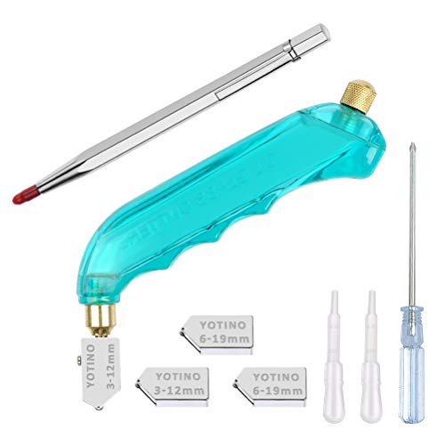 YOTINO Glass Cutting Tool Kit Includes Blue Pistol Grip Oil Feed Glass Cutter with 3 Extra Replacement Head(3mm-12mm, 6mm-19 mm) Tungsten Scribe