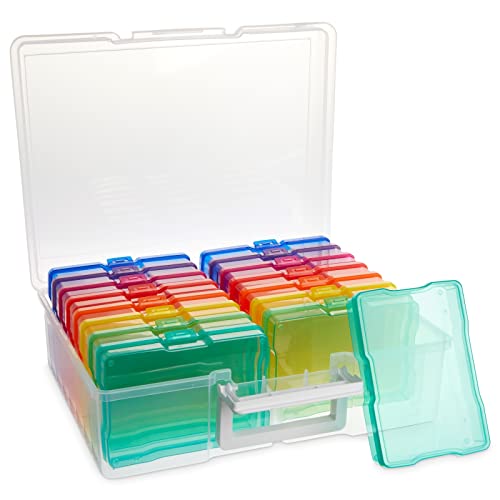 Bright Creations 16 Transparent 4×6 Photo Storage Boxes and Organizer with Handle for Pictures, Art Supplies (Rainbow Colors)