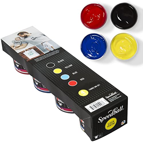 Speedball Fabric Screen Printing Ink Starter Set, 4-Colors, 4-Ounce for T-Shirt and Silkscreen Printmaking (Black, Yellow, Blue, Red)