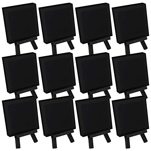 U.S. Art Supply 3″ x 3″ Stretched Black Canvas with 5″ Mini Black Wood Display Easel Kit (Pack of 12), Artist Tripod Tabletop Holder Stand – Painting