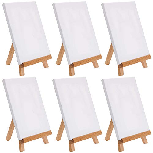 U.S. Art Supply 8″ x 8″ Stretched Canvas with 10.5″ Tabletop Display Stand A-Frame Artist Easel Kit (Pack of 6) – Beechwood Tripod, Kids Students