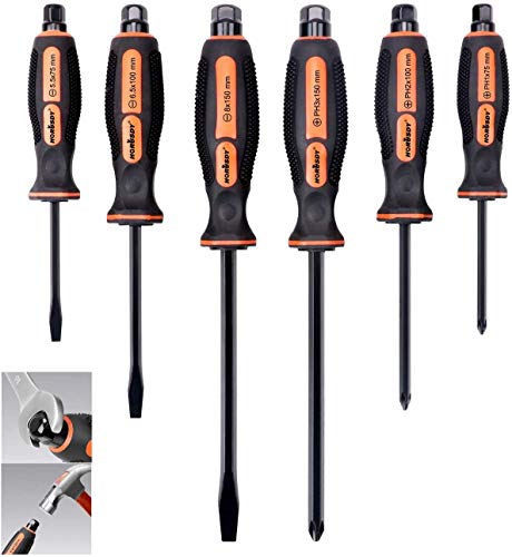 HORUSDY 6-Pieces Magnetic Screwdriver Set, 3 Phillips and 3 Flat Head Tips Screwdriver for Fastening, Chiselling and Loosening Seized Screws (New