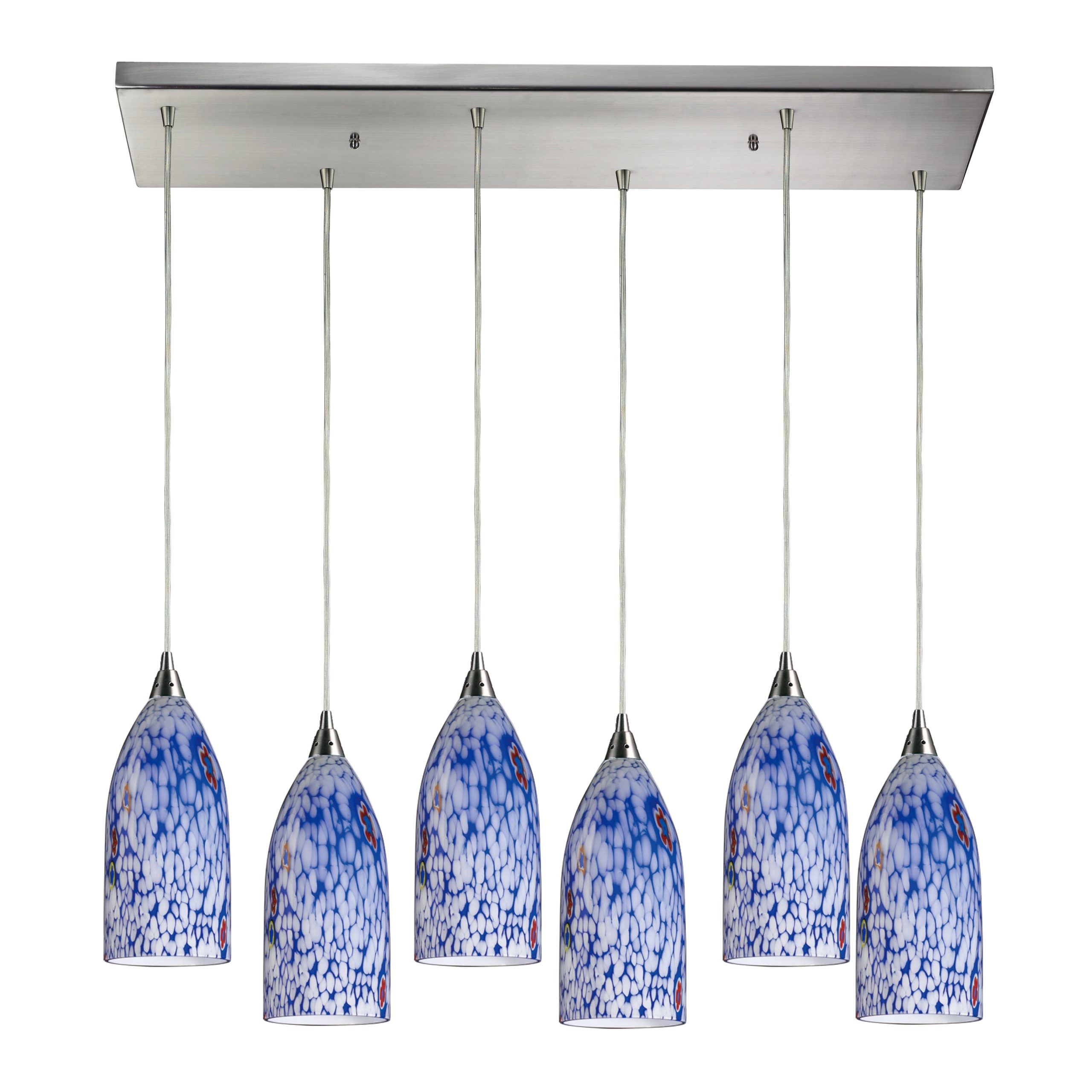 ELK SHOWROOM 502-6RC-BL Verona 30” Wide 6-Light Pendant – Satin Nickel with Starburst Blue Glass