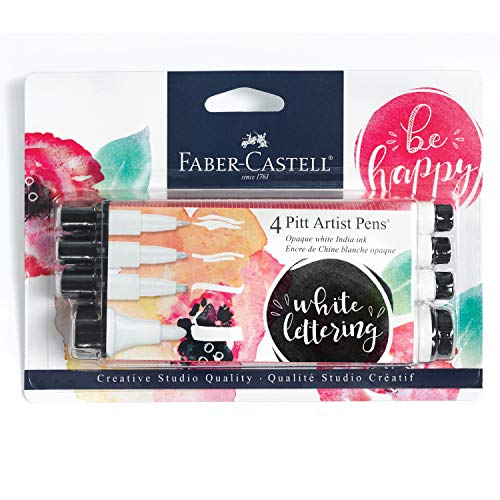 Faber-Castell White Pitt Artist Pen Set – 4 Opaque White India Ink Artist Markers – Lettering and Illustration Marker Set