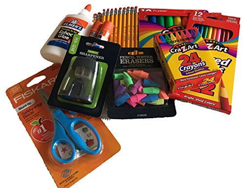 Classroom Supply Pack Bundle -Safety-Edge Scissors, 24 Crayons, 12 color pencils, 20 pencils with sharpener, Elmer’s Glue sticks, 4oz Elmer’s Glue,