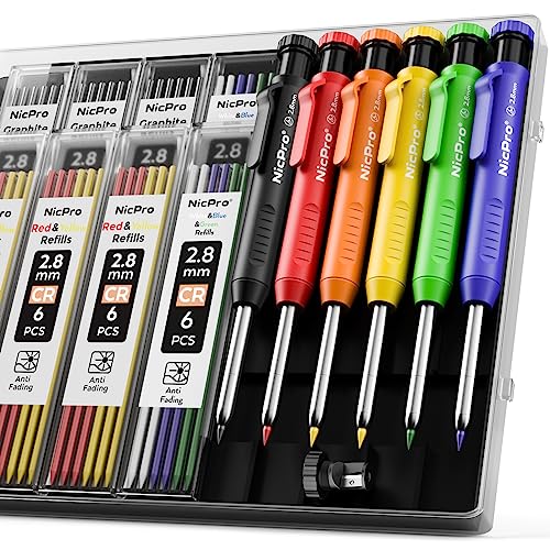 Nicpro 6 Pack Carpenter Pencil with Sharpener,Mechanical Pencils Set 54PCS Refills(Black,Red,Yellow,Blue,Green,White) Deep Hole Marker Construction