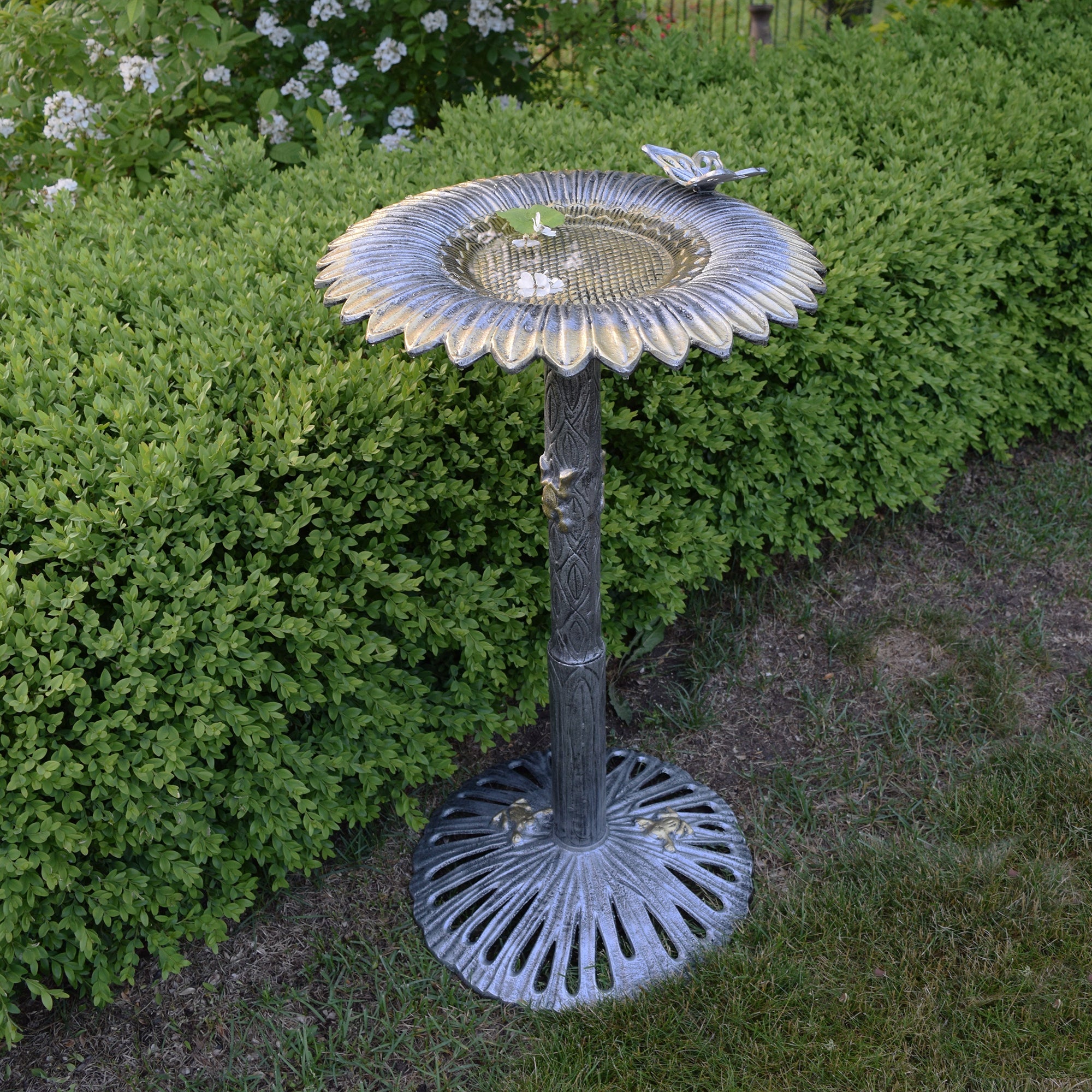 Round Cast Aluminum Metal 32-in Bird Bath with Sunflower Butterfly