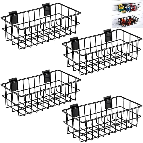 Hicarer 4Pcs Slatwall Basket Set Ventilated Metal Slatwall Baskets Hanging Storage Baskets for PVC Slatwall, Mounted Slatwall Accessories Storage