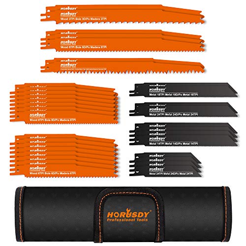 HORUSDY 34-Piece Reciprocating Saw Blades Set, Metal & Woodcutting Saw Blades, Sawzall Blades with Pouch.