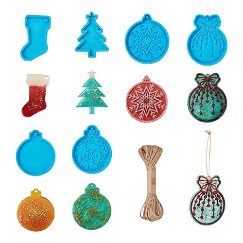 Boutigem 6Pcs Christmas Theme Pendant Silicone Molds Xmas Socks Ring Bell Epoxy Resin Mould with Jute Cord for Keychain Christmas Tree Ornaments DIY