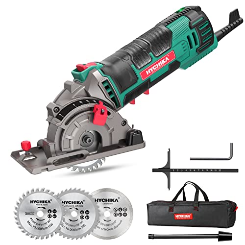 Mini Circular Saw, HYCHIKA Compact Circular Saw Tile Saw with 3 Saw Blades 4A Pure Copper Motor, Scale Ruler, 3-3/8”4500RPM Ideal for Wood, Soft