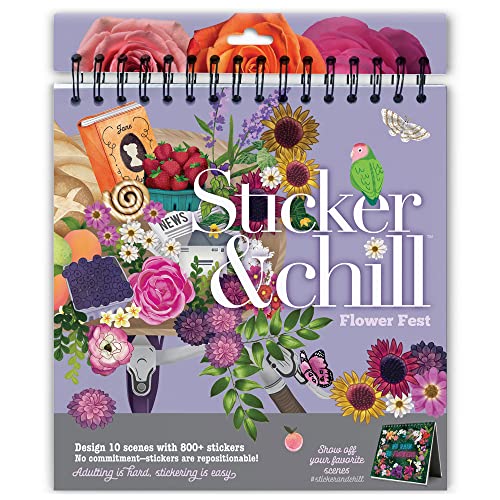 Sticker & Chill Sticker Book for Adults – 800+ Repositionable Colorful Clings Create Designs on 10 Spiral Bound Scene Pages – Easy, Fun & Stress