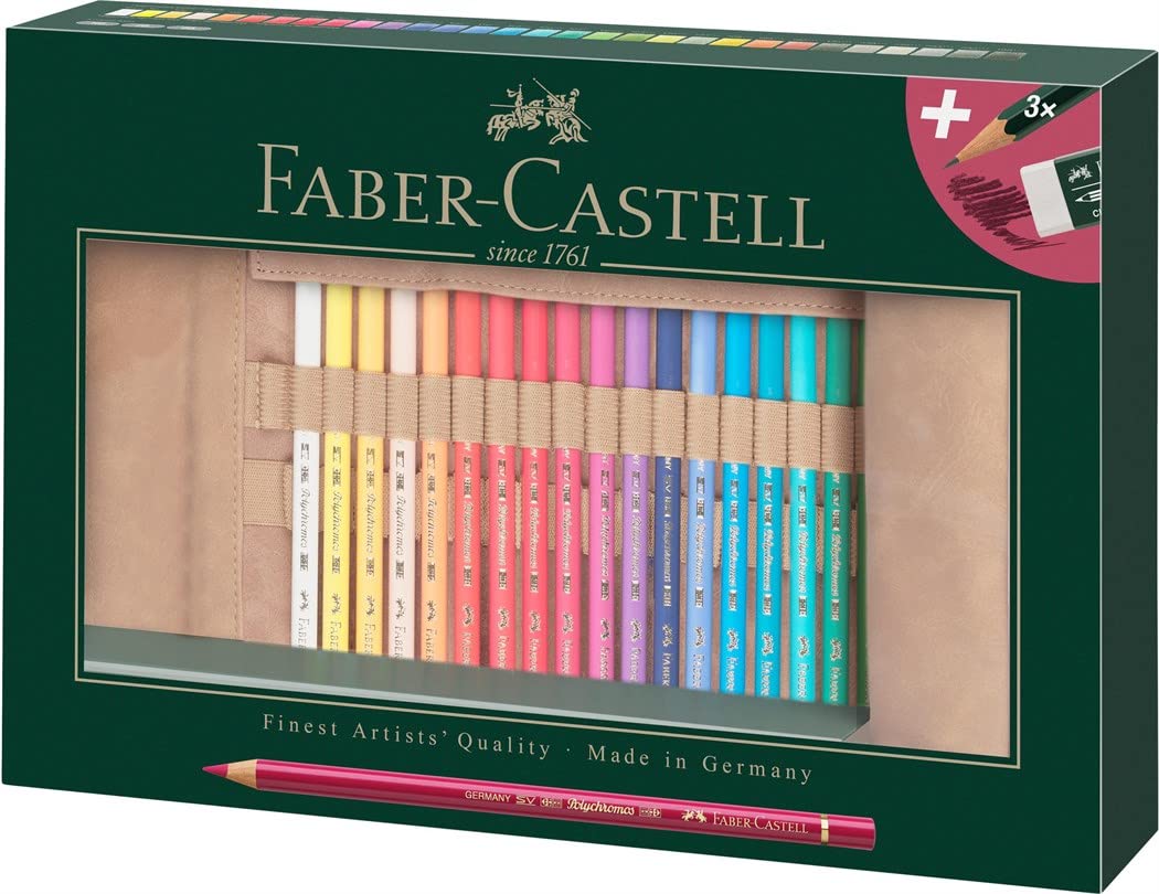 Faber-Castell 110030 Polychromos Coloured Pencils Set of 30 with Leather Pencil Roll and Accessories Waterproof Shatterproof for Professionals and