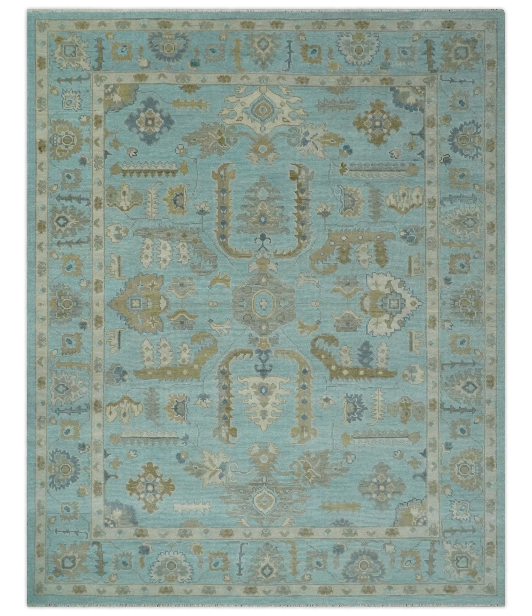 Custom Made Blue, Brown and Ivory Hand knotted Traditional Oushak Wool Rug