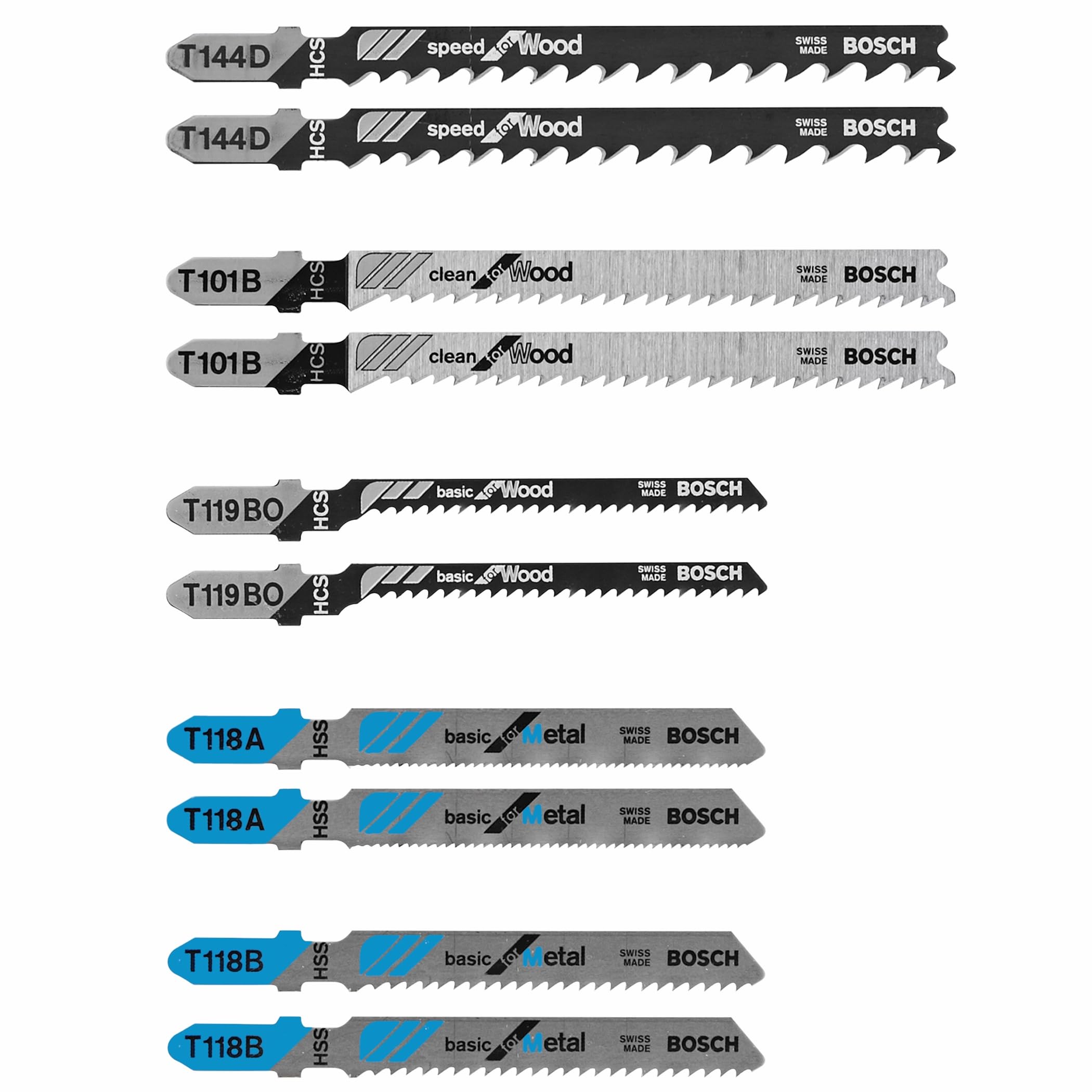 BOSCH T5002 T-Shank Multi-Purpose Jigsaw Blades, 10 Piece, Assorted, Jig Saw Blade Set for Cutting Wood and Metal