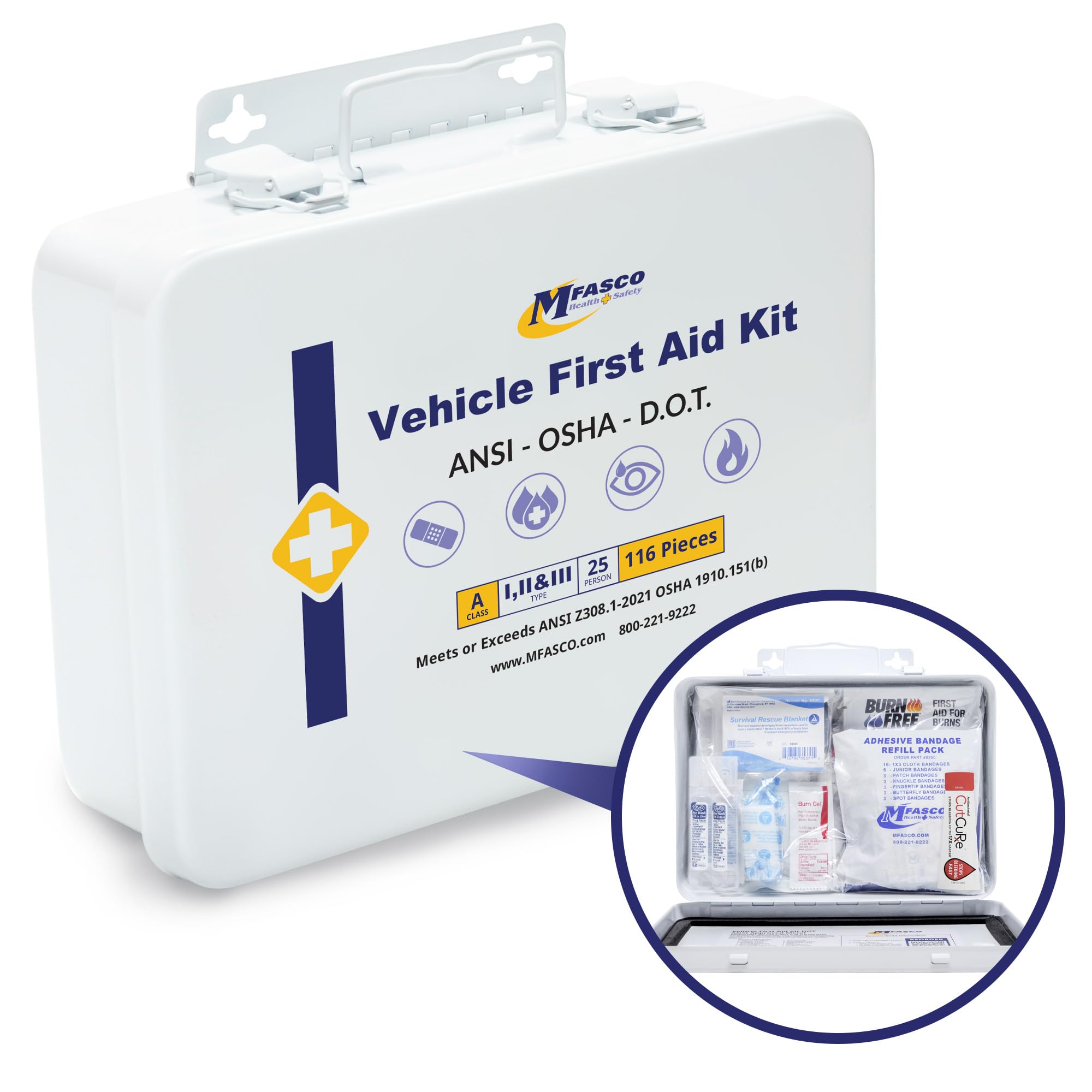 MFASCO Vehicle First Aid Kit – Compact Metal Kit – Portable & Mountable – Safety Kit for Commercial Vehicles & Workplace – DOT ANSI OSHA Compliant –