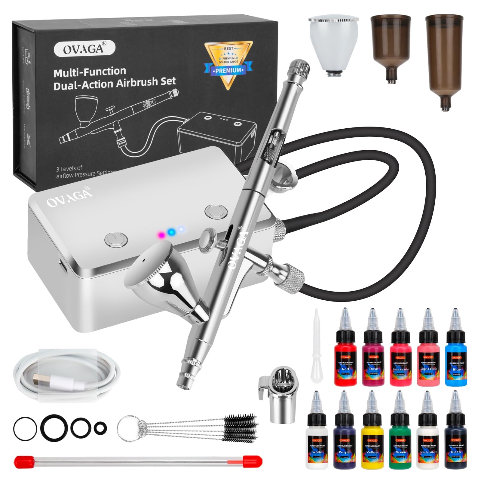 Ovaga 32PSI Airbrush Kit with Compressor, Rechargeable Multi-Function Dual-Action Airbrush Set Portable with Airbrush Paint Set 11 Colors for