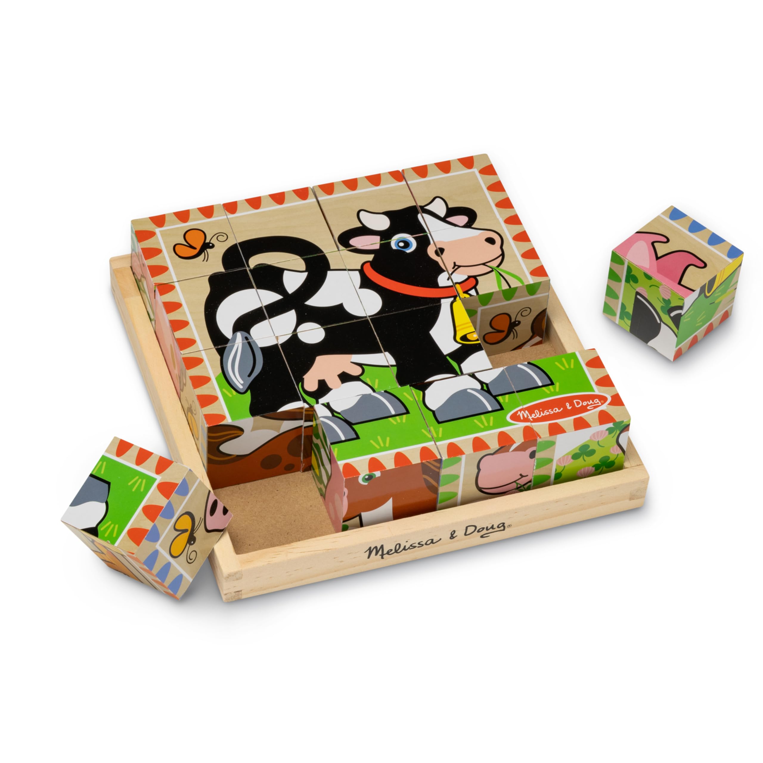 Melissa & Doug Farm Wooden Cube Puzzle With Storage Tray – 6 Puzzles in 1 (16 pcs) – Toddler Animal Puzzle -FSC-Certified Materials, 8.25 x 8.2 x