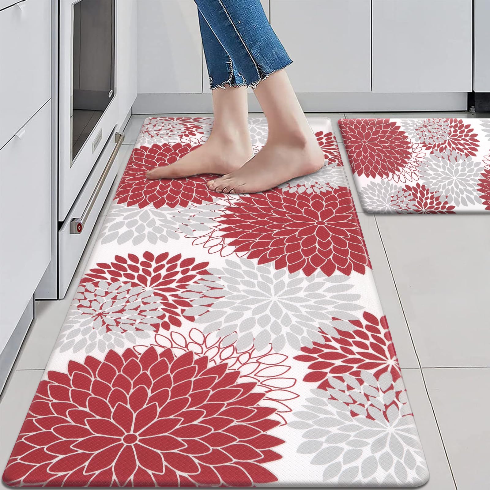 Anti Fatigue Kitchen Mats for Floor 2PCS,17″x47″+17″x29″ Farmhouse Kitchen Rugs Non Slip Rubber Backing,Waterproof Cushioned Standing Mat for