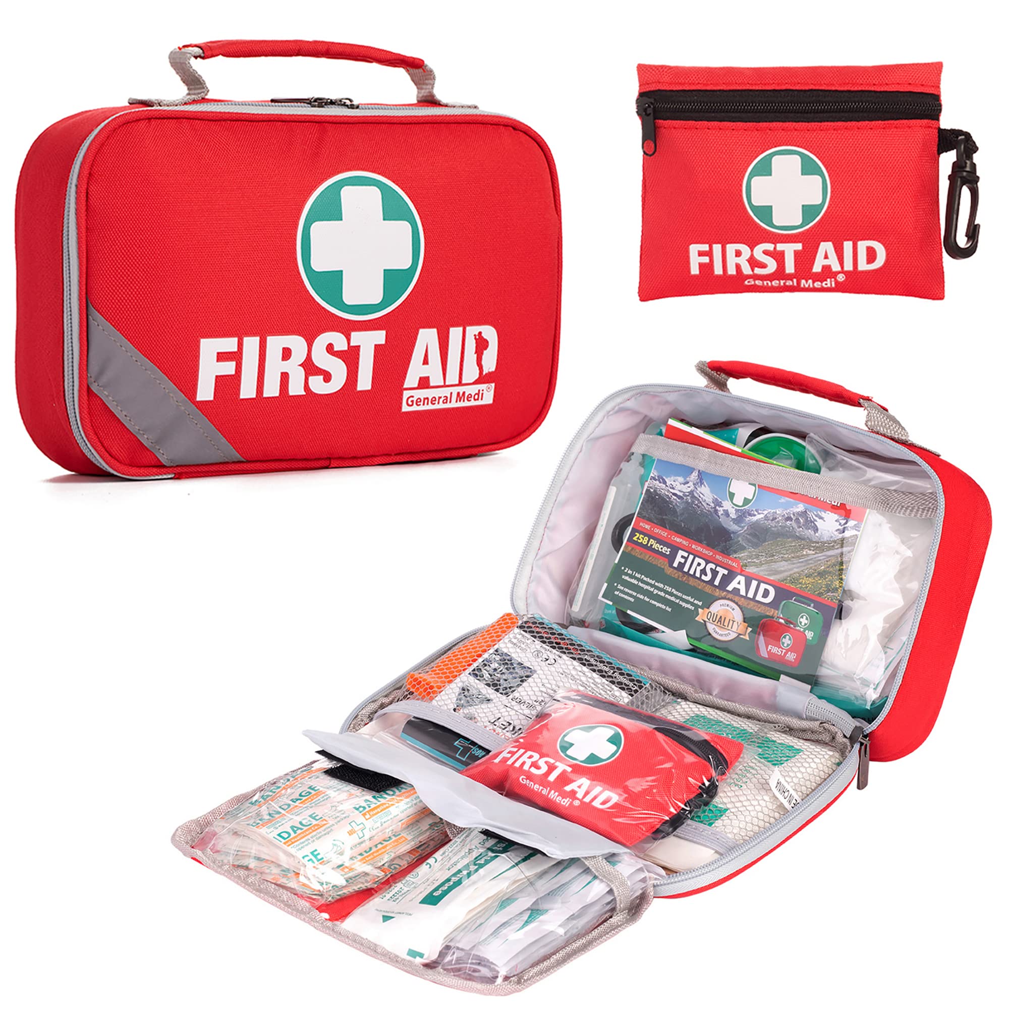 General Medi 2-in-1 First Aid Kit (215 Piece Set) + 43 Piece Mini First Aid Kit -Includes Eyewash, Ice(Cold) Pack, Moleskin Pad and Emergency Blanket