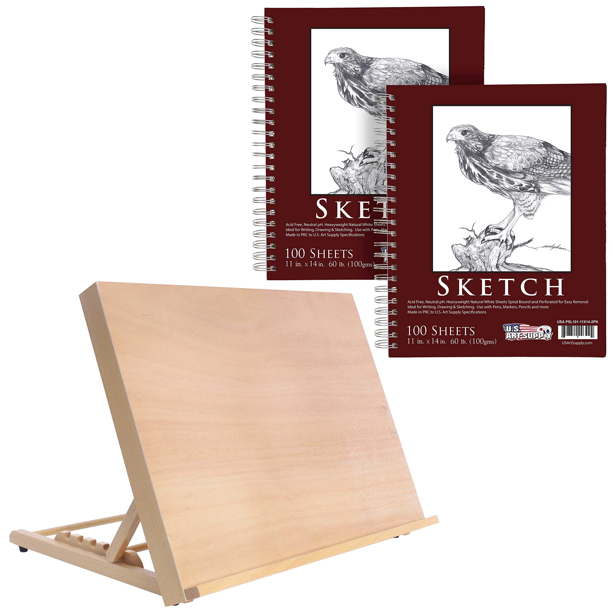 U.S. Art Supply Large 18-1/2″ Wide x 14-1/8″ (A3) Tall Artist Adjustable Wood Drawing Board Bundle with 11″ x 14″ Side Spiral Bound – 60lb Sketch