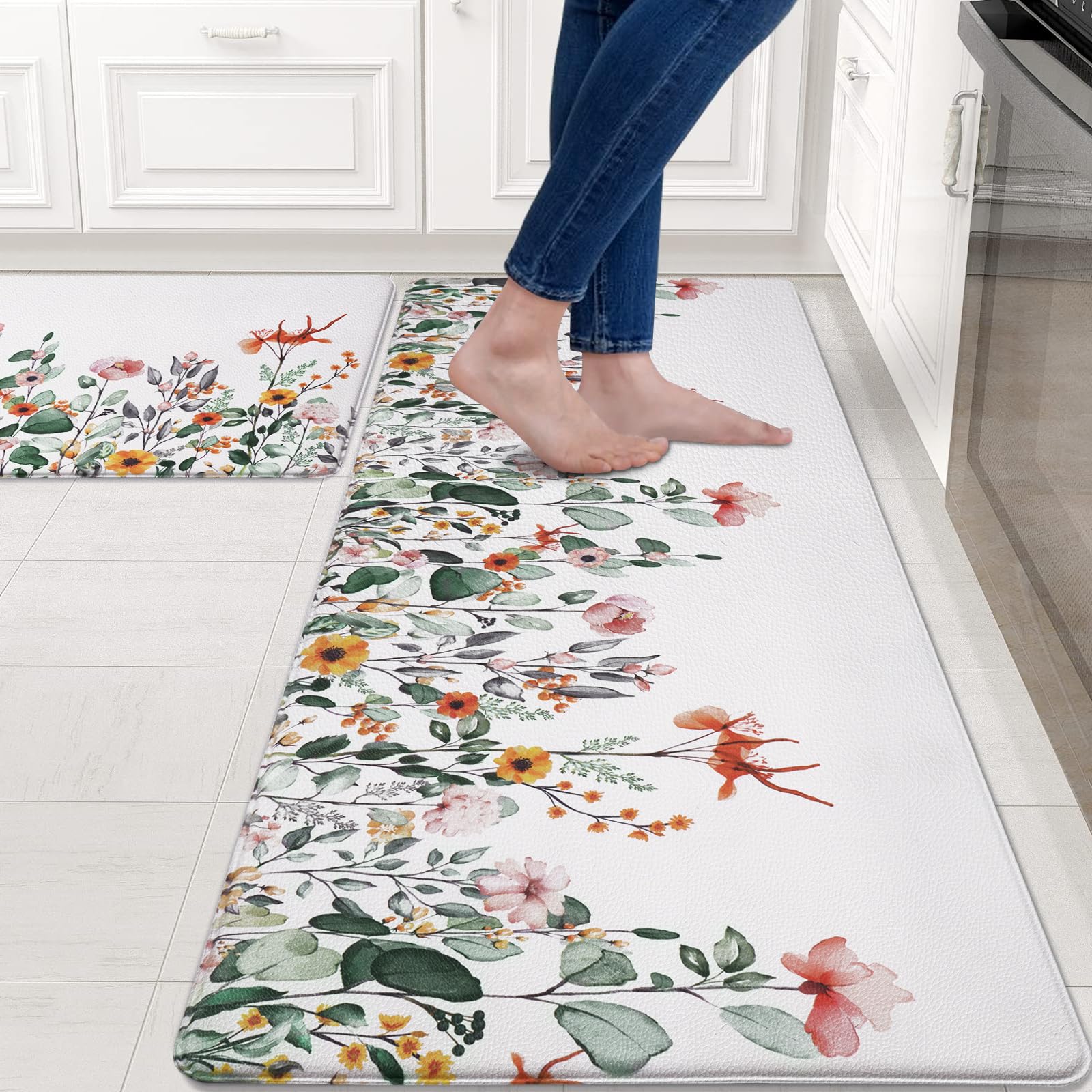 ASPMIZ Spring Floral Kitchen Mats for Floor, Cushioned Anti-Fatigue Kitchen Rugs Non Slip, Wild Flowers Kitchen Rugs Sets of 2, Kitchen Floor Comfort