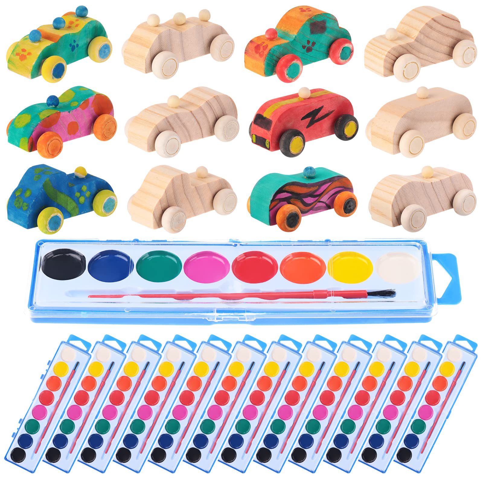 Leitee 12 Sets Unfinished Paintable Wooden Cars DIY Toys with Watercolor Paint Wooden Toy Cars Wood Crafts for Woodworking School Family Arts Home