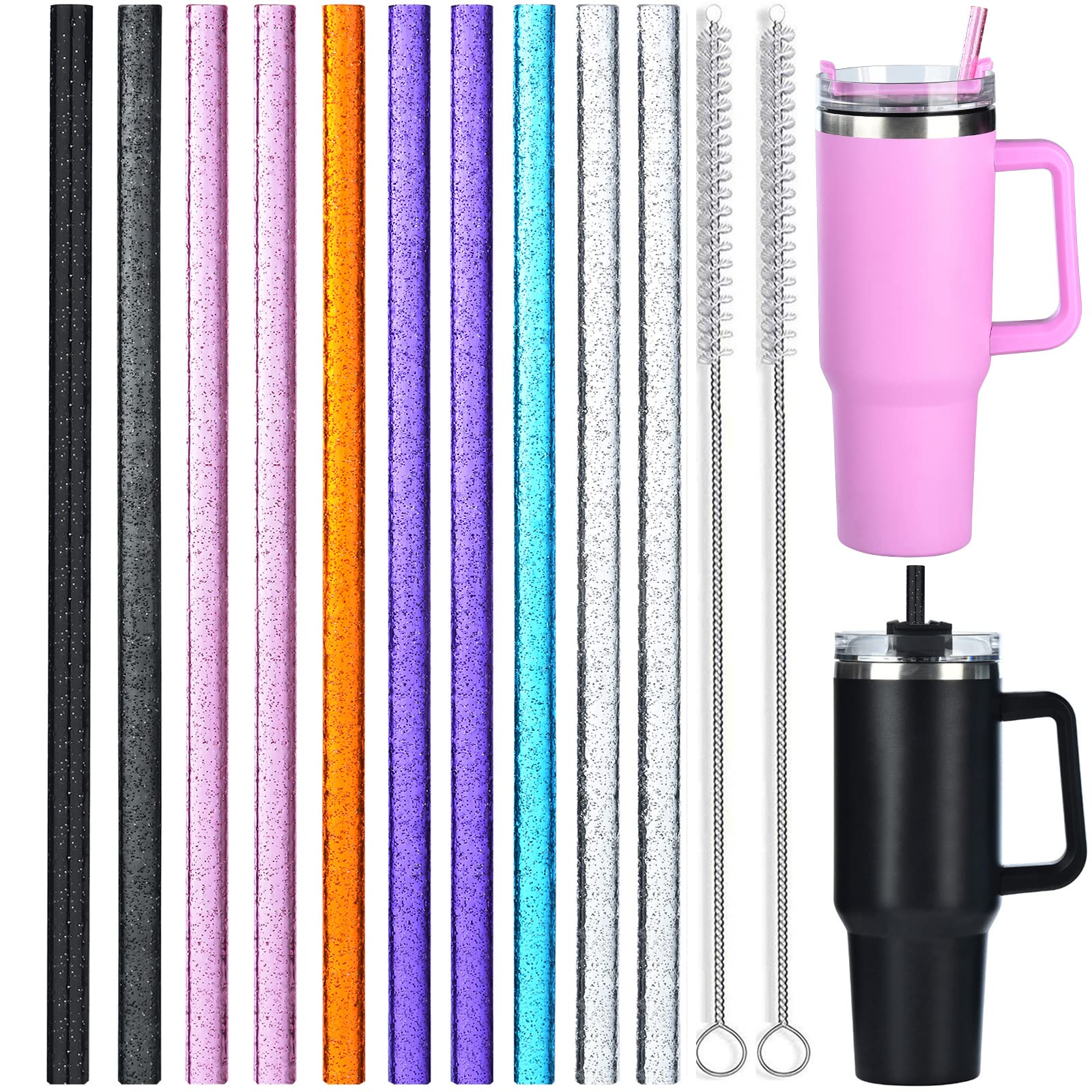 ALINK 10 Pack Color Replacement Straws for Stanley 40 oz 30 oz Tumbler, 12 in Long Reusable Plastic Glitter Straws for Stanley Cup Accessories, Half