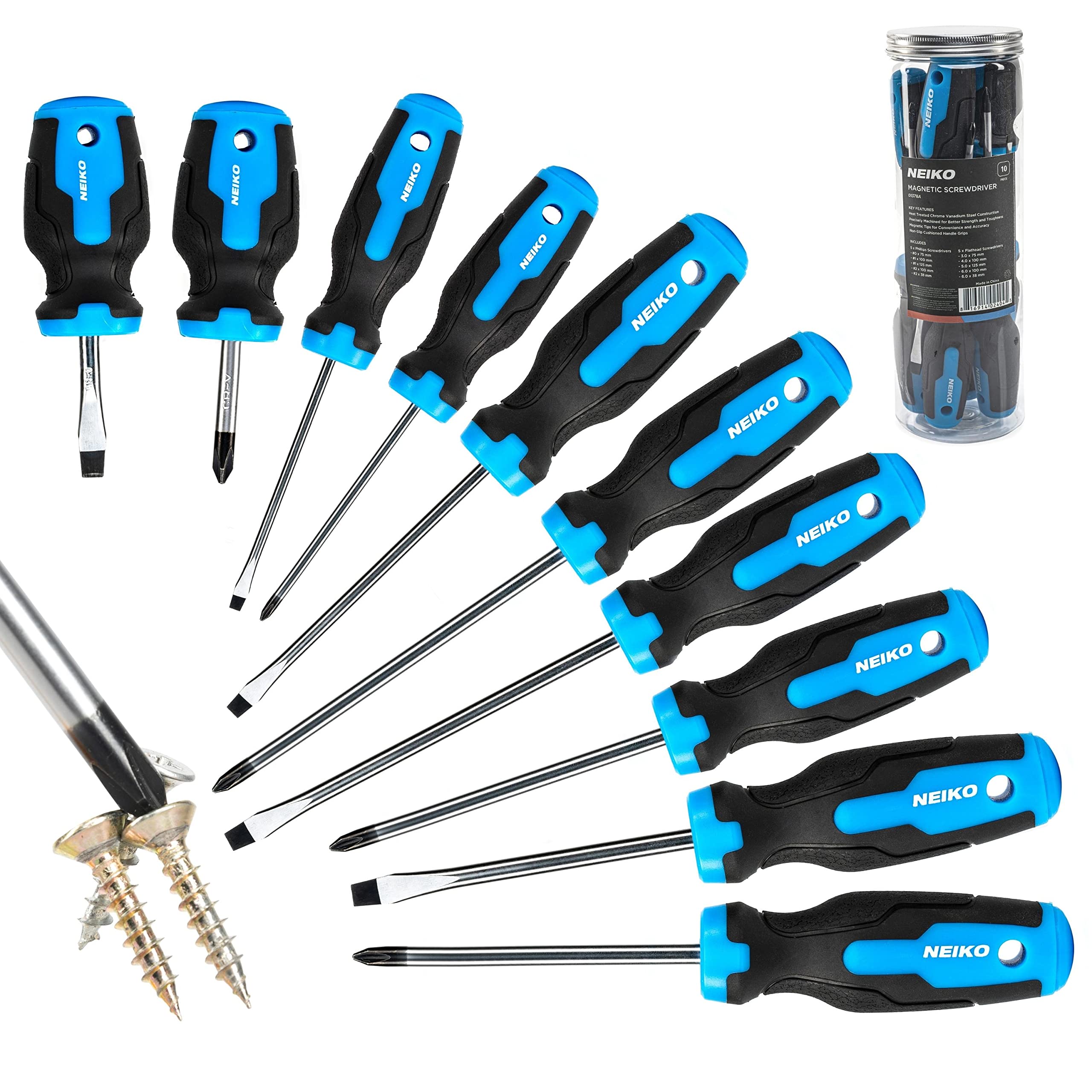 NEIKO 01378A Magnetic Screwdriver Set | 10 Piece | Phillips & Flathead | Heat Treated Chrome Vanadium Steel | Slotted Head Tip with Non-Slip