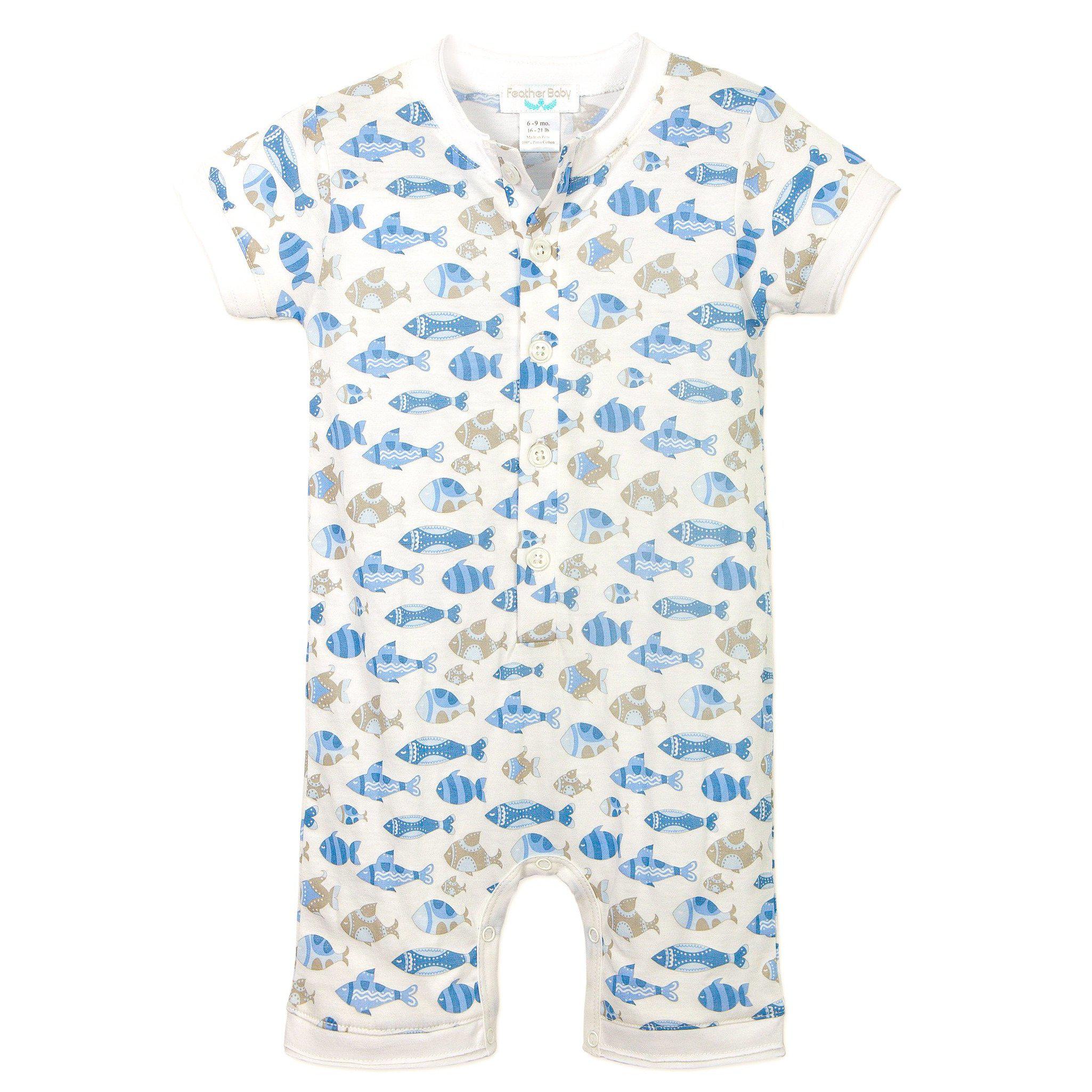 Henley Romper – Skinny Fish On White  100% Pima Cotton