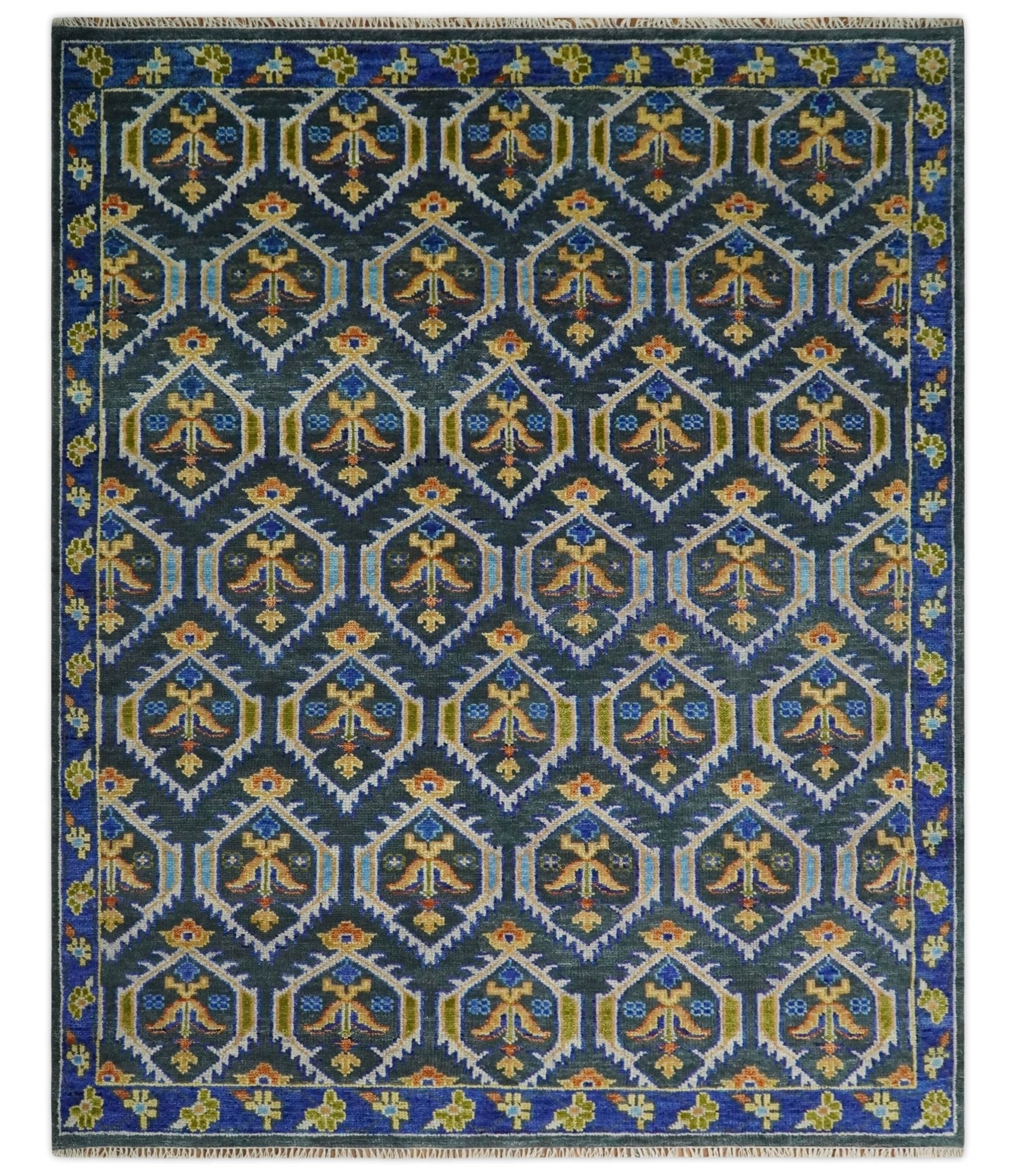 Hand Knotted Blue, Gold and Moss Green Vintage Style Custom Made wool Area Rug