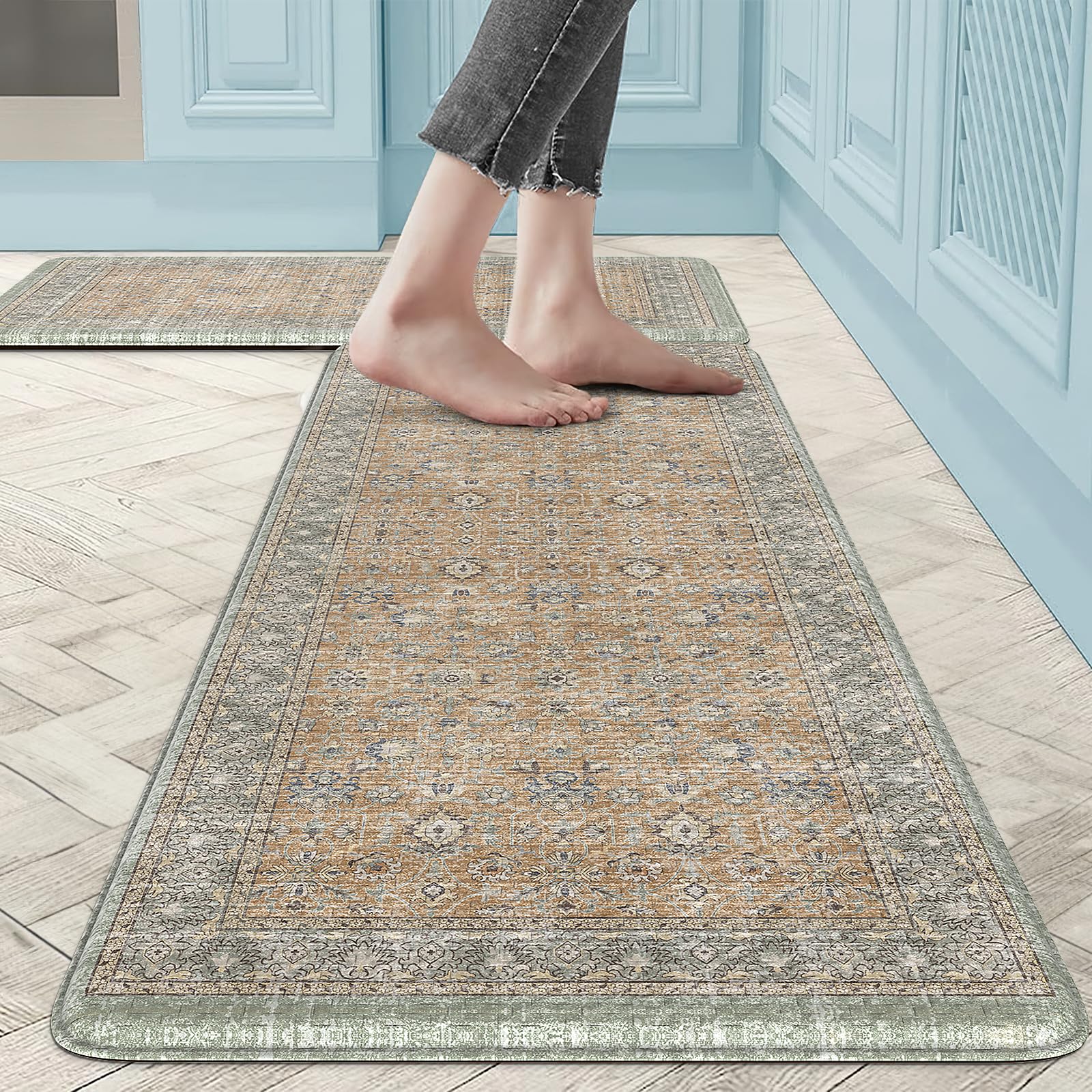 Sungea Kitchen Rugs Sets of 2, Distressed Anti Fatigue Kitchen Mats,Waterproof Non-Slip Kitchen Floor Mats Cushioned,Ergonomic Comfort Foam Standing