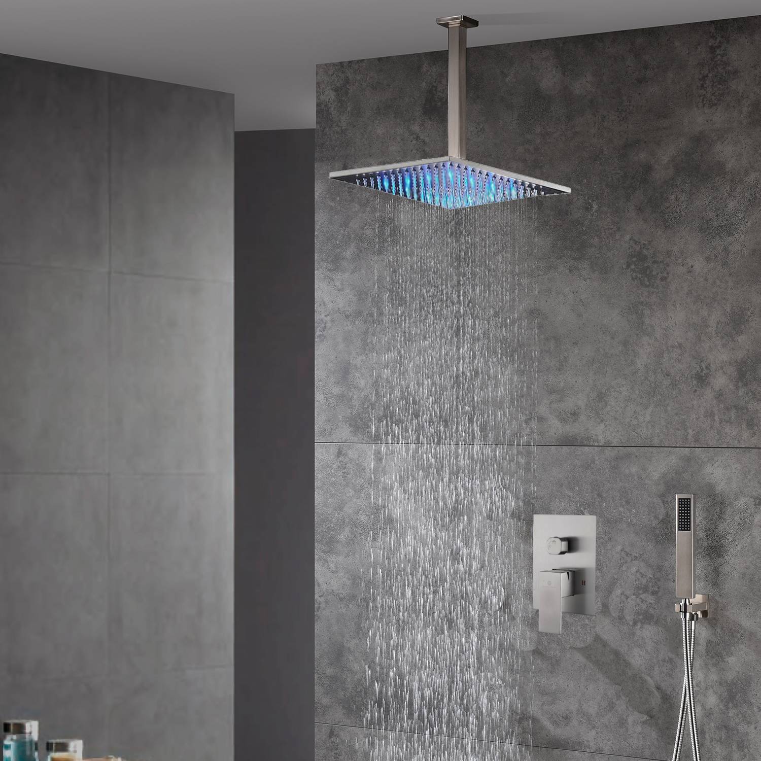 16” LED two function  Brushed Nickel Rain Rainfall showers with handle sprayers