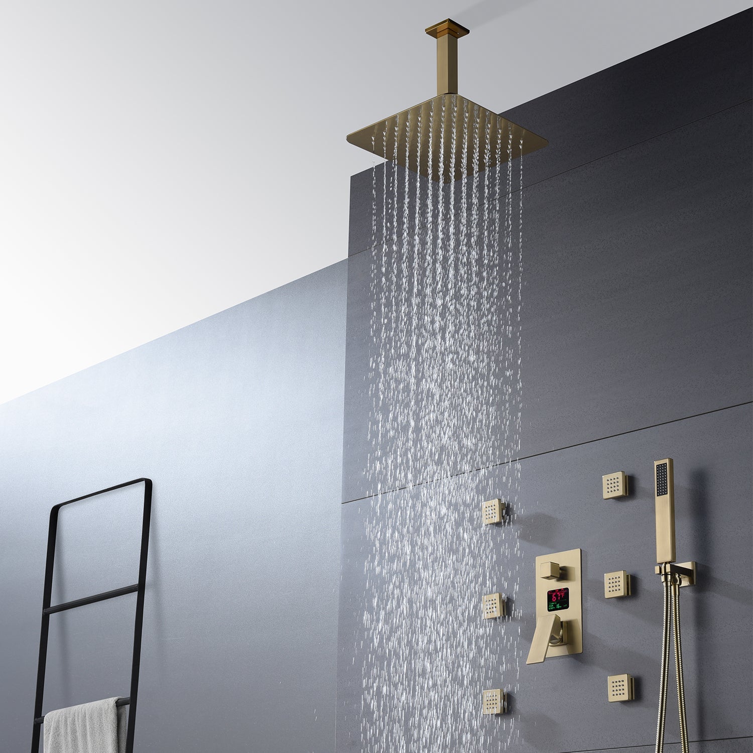 Brushed Gold Ceiling-Mounted Shower System – Features 3-Way Digital Display Valve & Includes 6 Body Jets