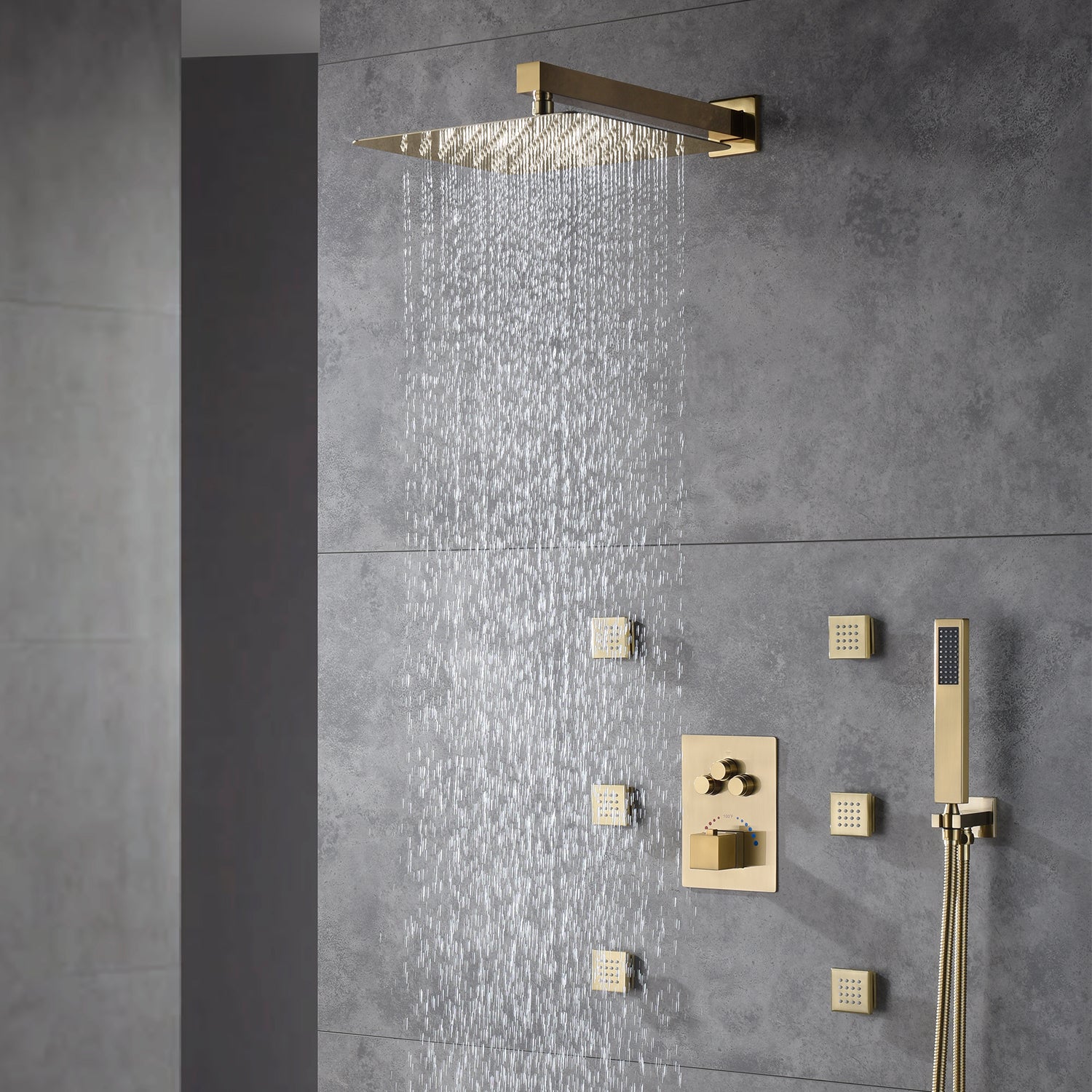 Brushed Gold Wall-Mounted 3-Way Thermostatic Shower System with Body Jets