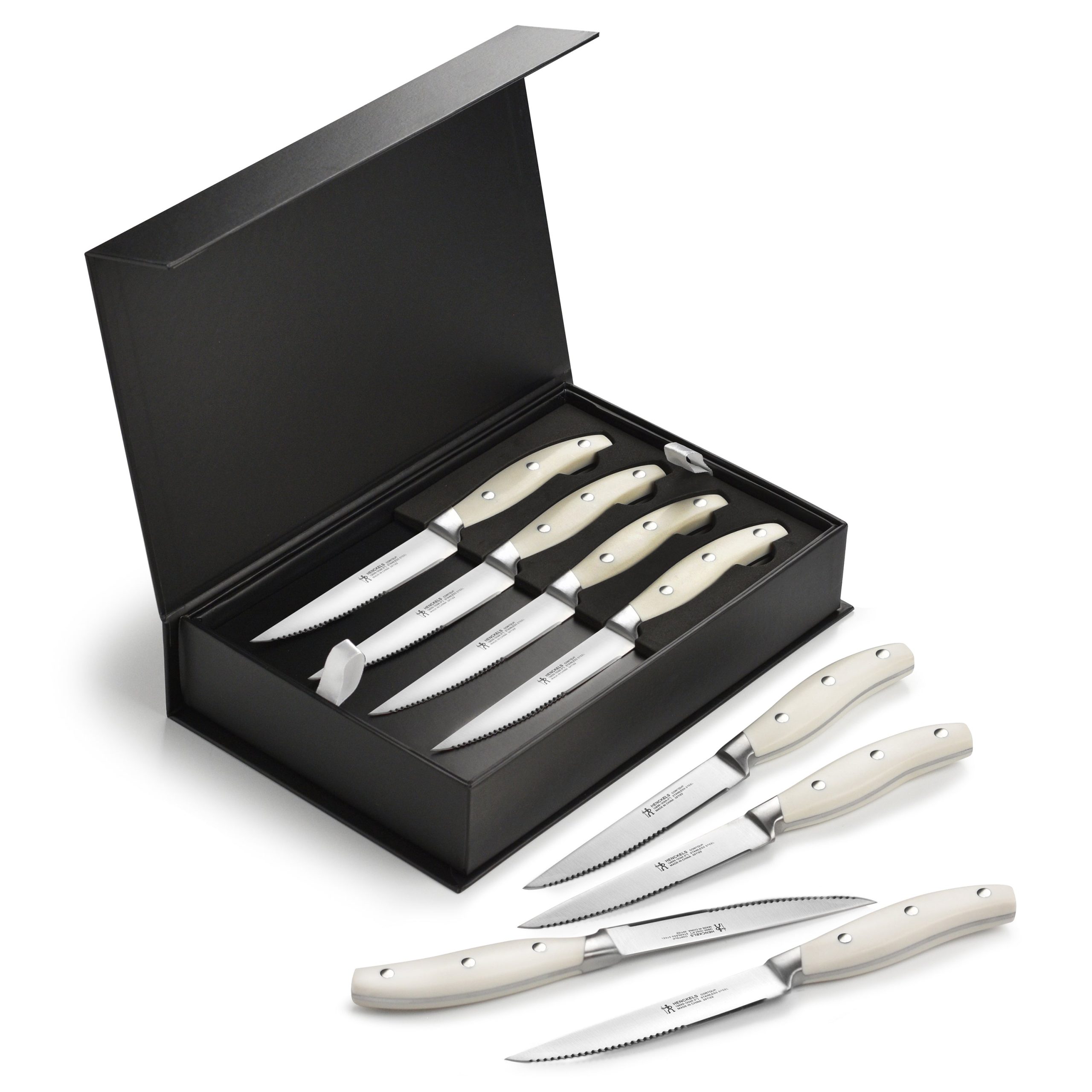 Henckels 8 Piece Forged Serrated Steak Knife Set with Gift Box, Off-White Handles