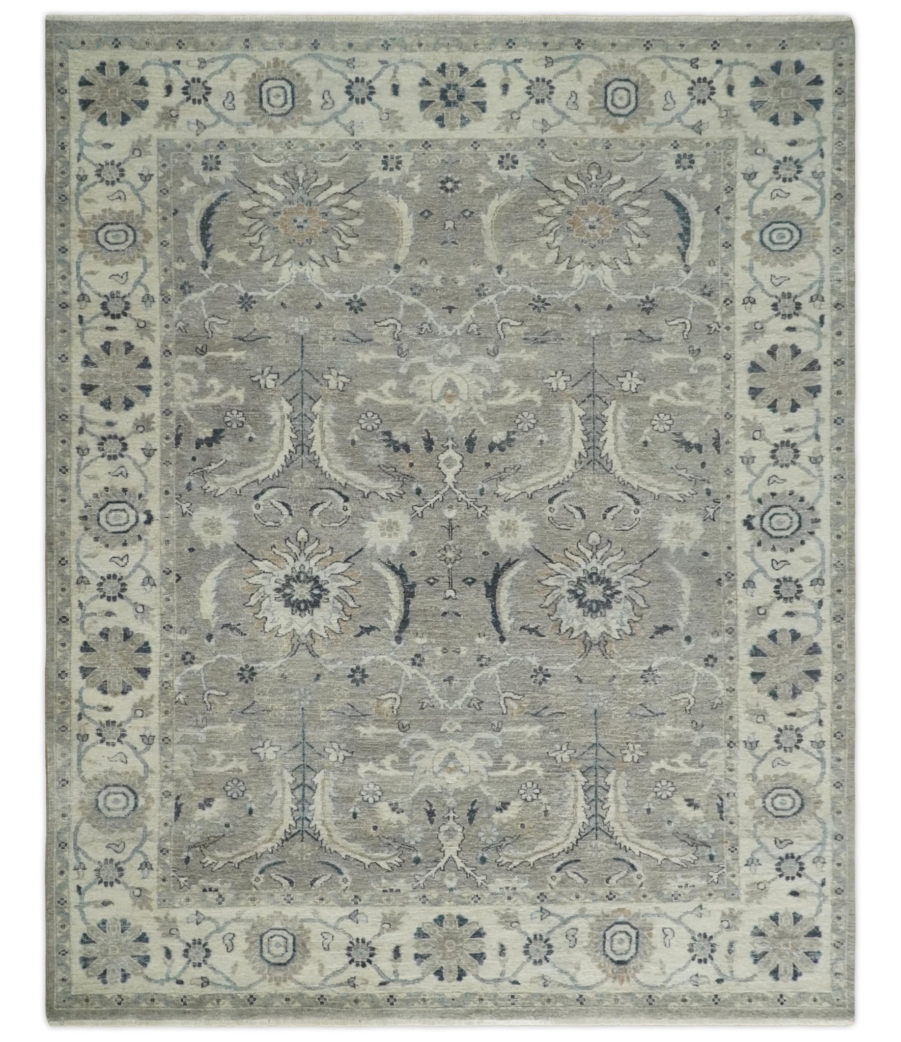 Custom Made Antique Distressed Brown and Beige Hand Knotted Traditional Oriental Oushak Wool Area Rug