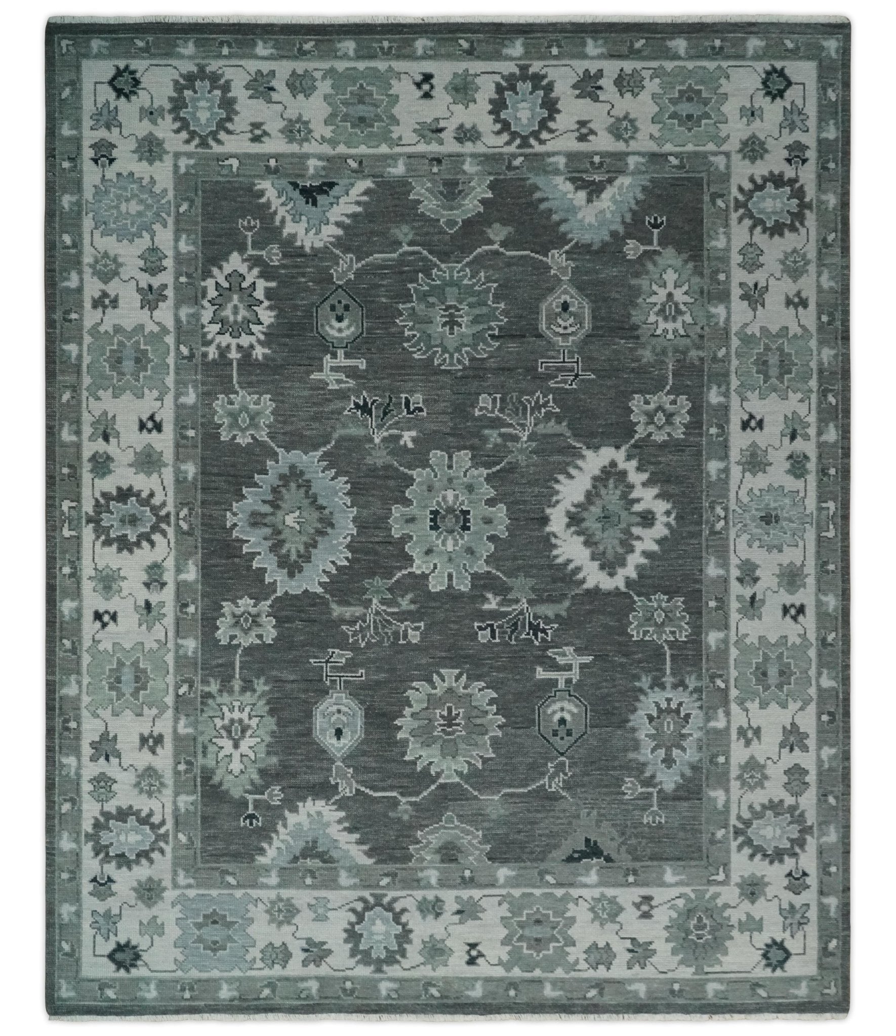 Antique look Charcoal, Ivory and Silver Hand knotted Traditional Oushak Custom Made wool Area Rug