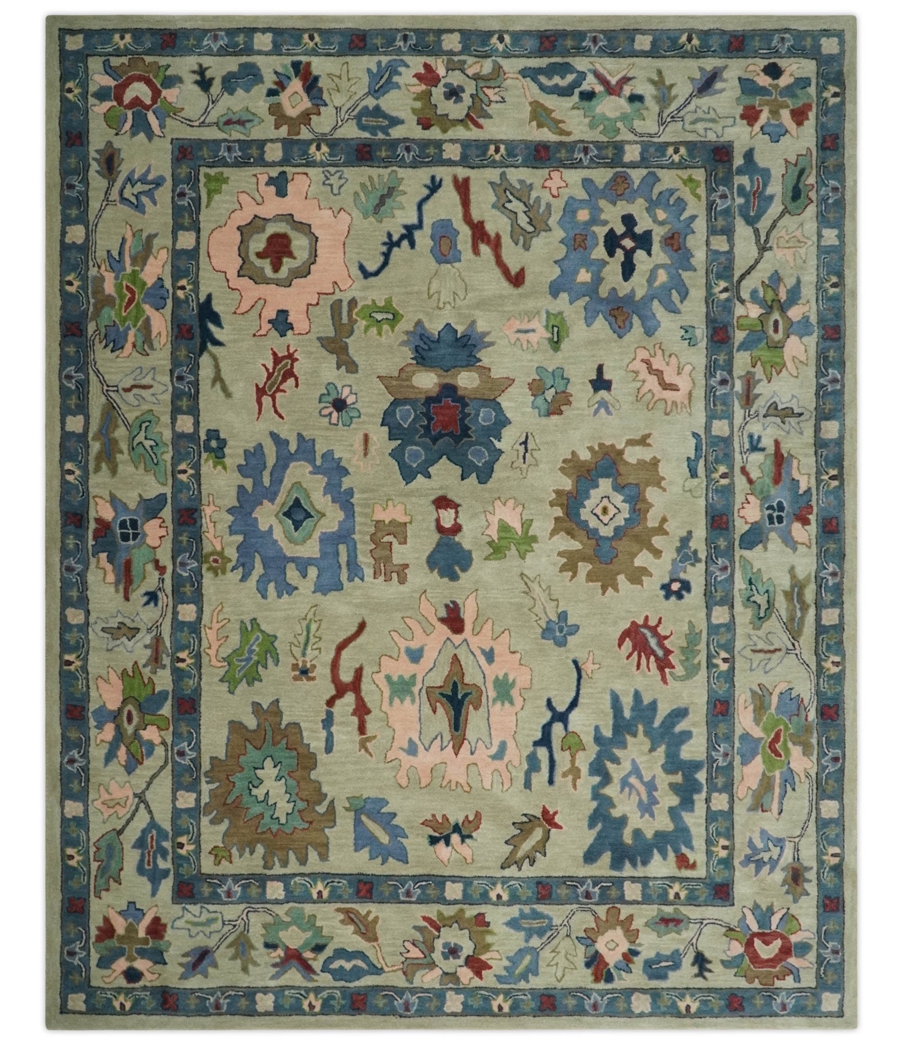 Hand Tufted Beige, Blue and Peach Traditional Oushak Custom Made wool Area Rug, Kids, Living Room and Bedroom Rug