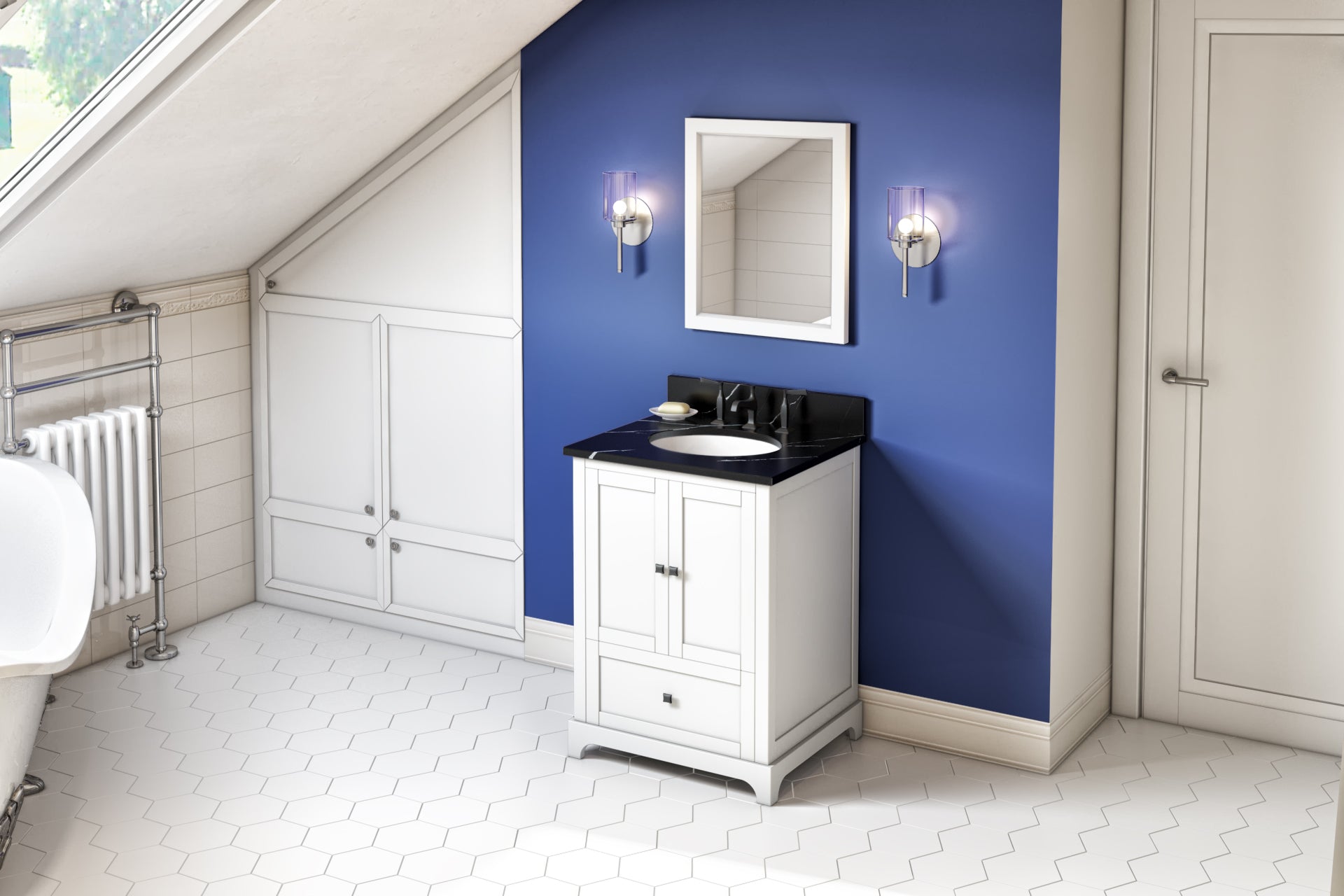 JEFFREY ALEXANDER VKITADD24WHBQO 24″ White Addington Vanity, Calacatta Black Quartz Vanity Top, undermount oval bowl