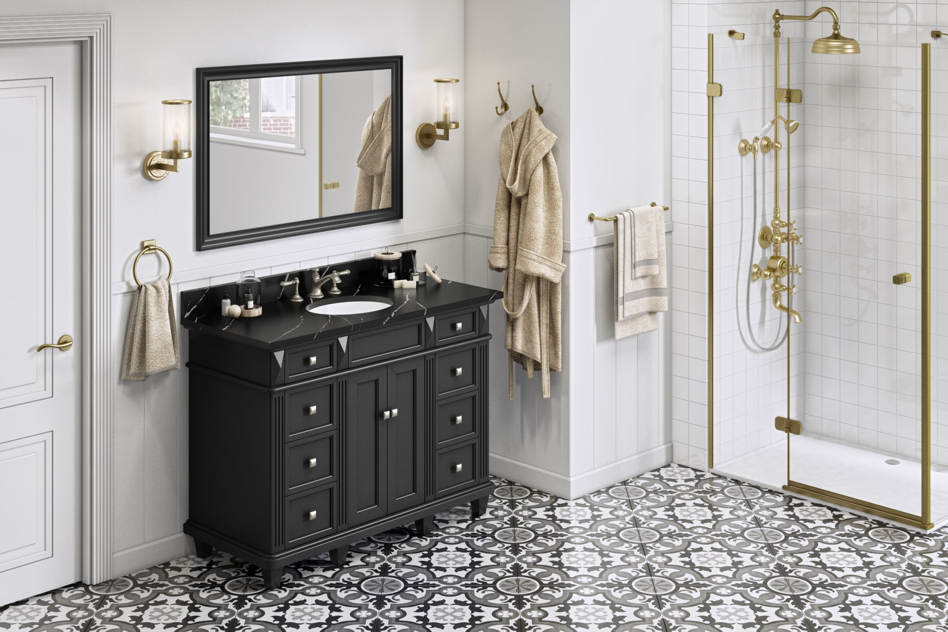 JEFFREY ALEXANDER VKITDOU48BKBQO 48″ Black Douglas Vanity, Calacatta Black Quartz Vanity Top, undermount oval bowl