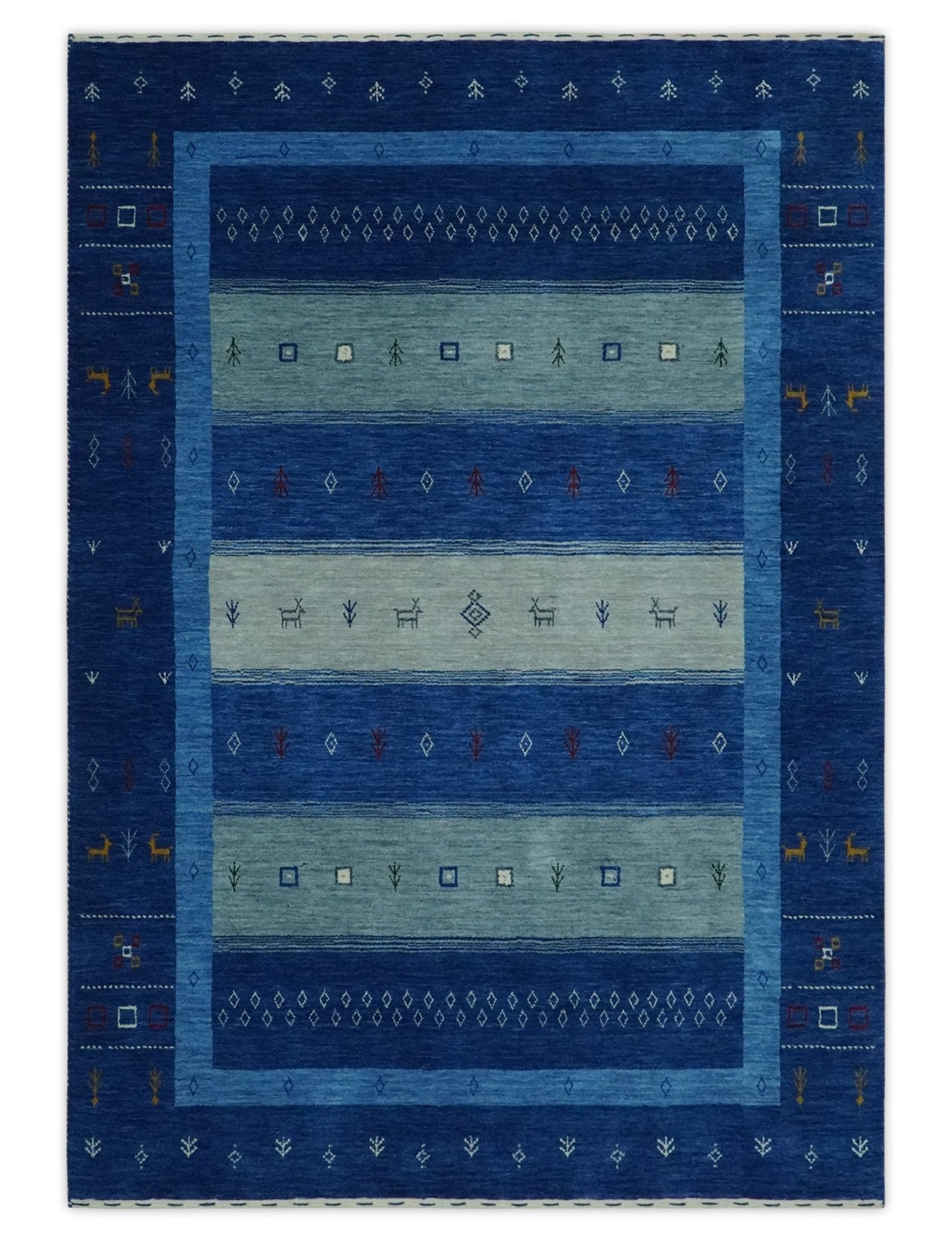 Blue, Gray and Silver Stripes design Tribal Gabbeh Traditional Custom Made Wool Area Rug